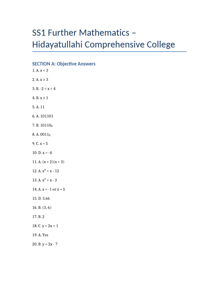 SS1 Further Mathematics Answers Hidayatullahi | PDF