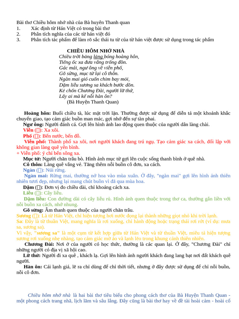 Bài Thơ Chiều Hôm Nhớ Nhà Của Bà Huyên Thanh Quan