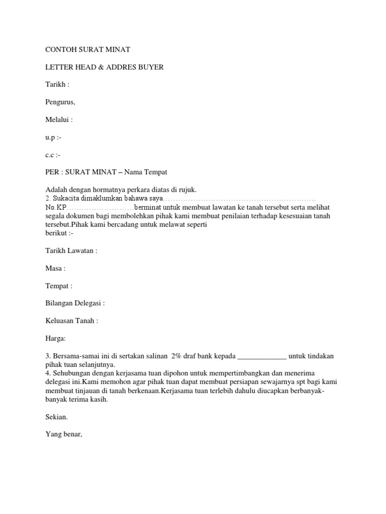 Format Surat Tunjuk Minat Sewa Tanah Malaysia