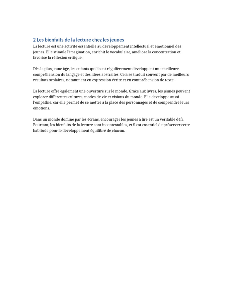 Bienfaits de la lecture chez les jeunes | PDF