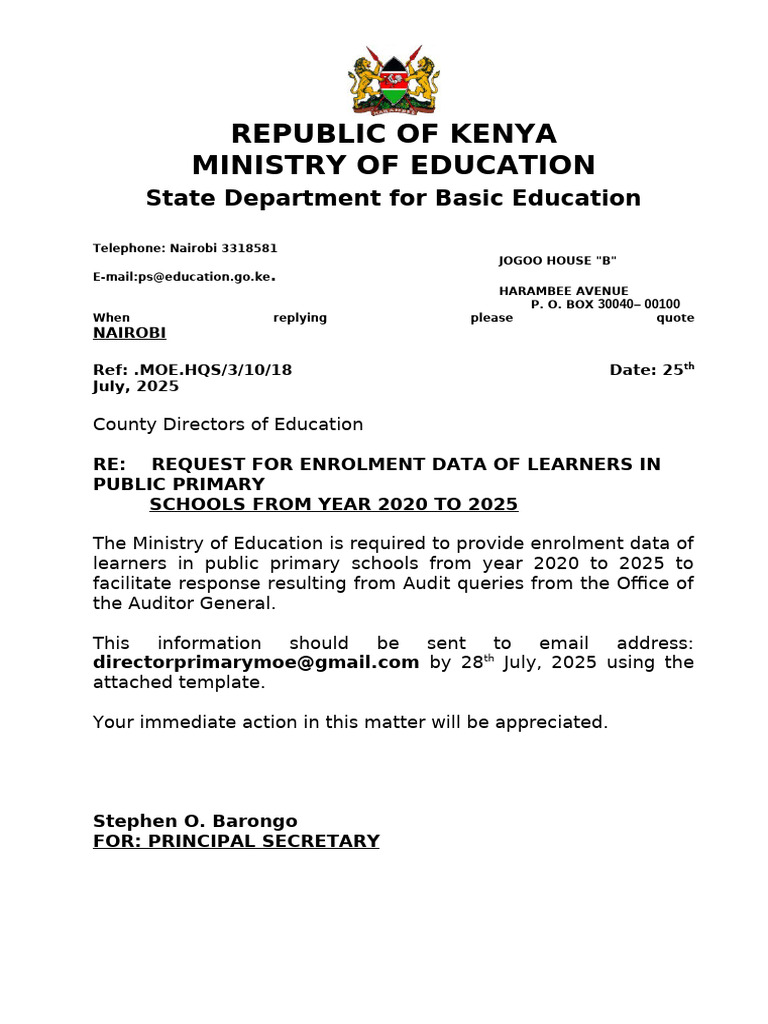 Enrolment Data in Public Primary Schools From Year 2020 To 2025 | PDF
