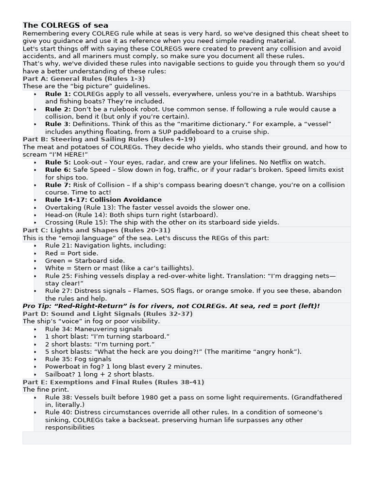 COLREGs Cheat Sheet for Mariners | PDF | Port And Starboard | Water ...