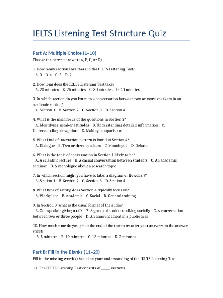 IELTS Listening Test Structure Quiz | PDF | International English ...