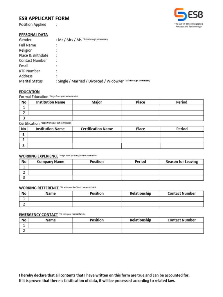 ESB Applicant Form Template PDF | PDF
