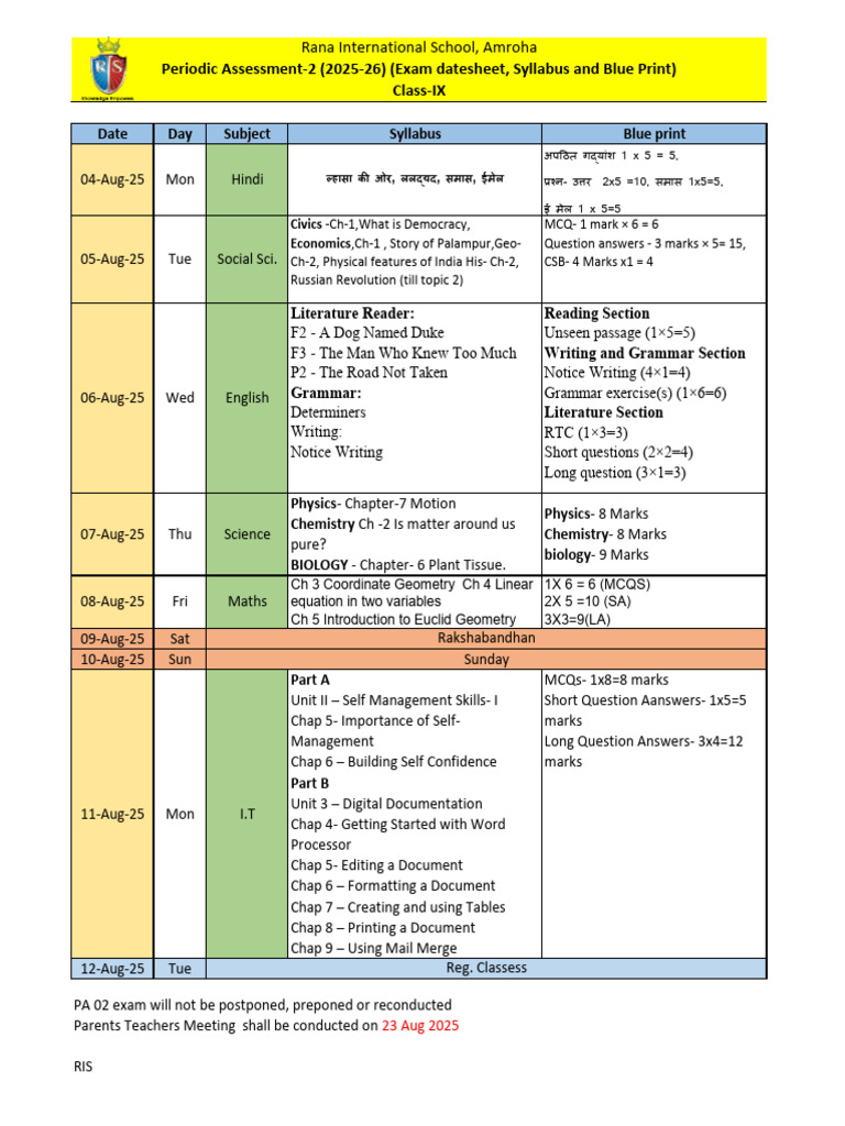 Class IX Periodic Assessment 2 Schedule | PDF