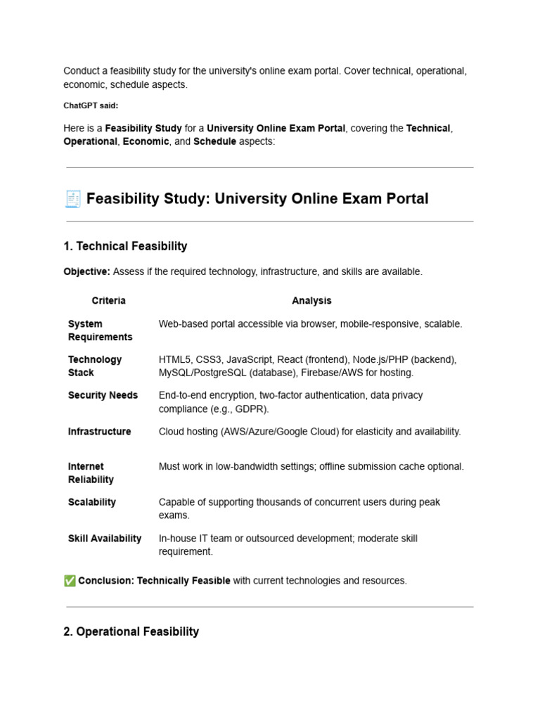 Feasibility Study for Online Exam Portal | PDF | Software Testing ...