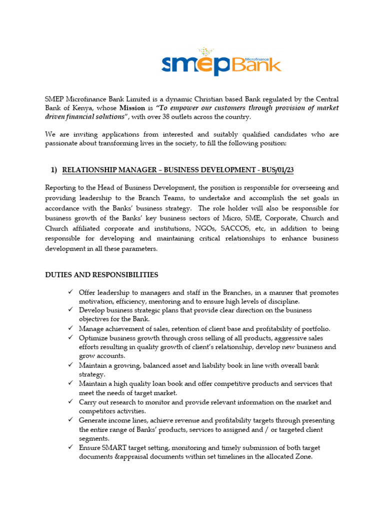 Relationship Manager Job at SMEP Bank | PDF | Banks | Microfinance