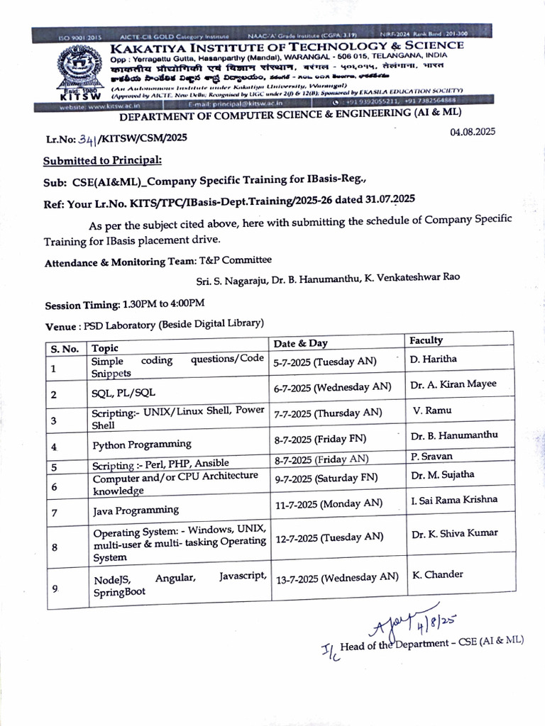 CSE AI & ML Company Training Schedule | PDF