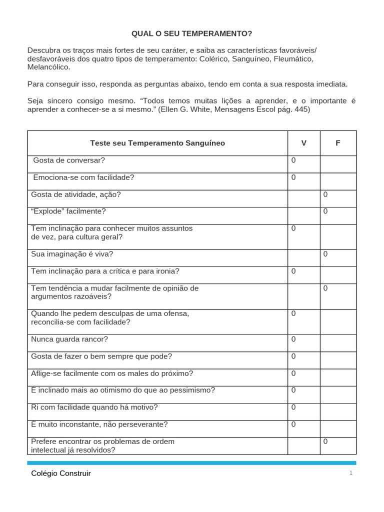 Descubra Seu Temperamento: Teste e Tipos | PDF