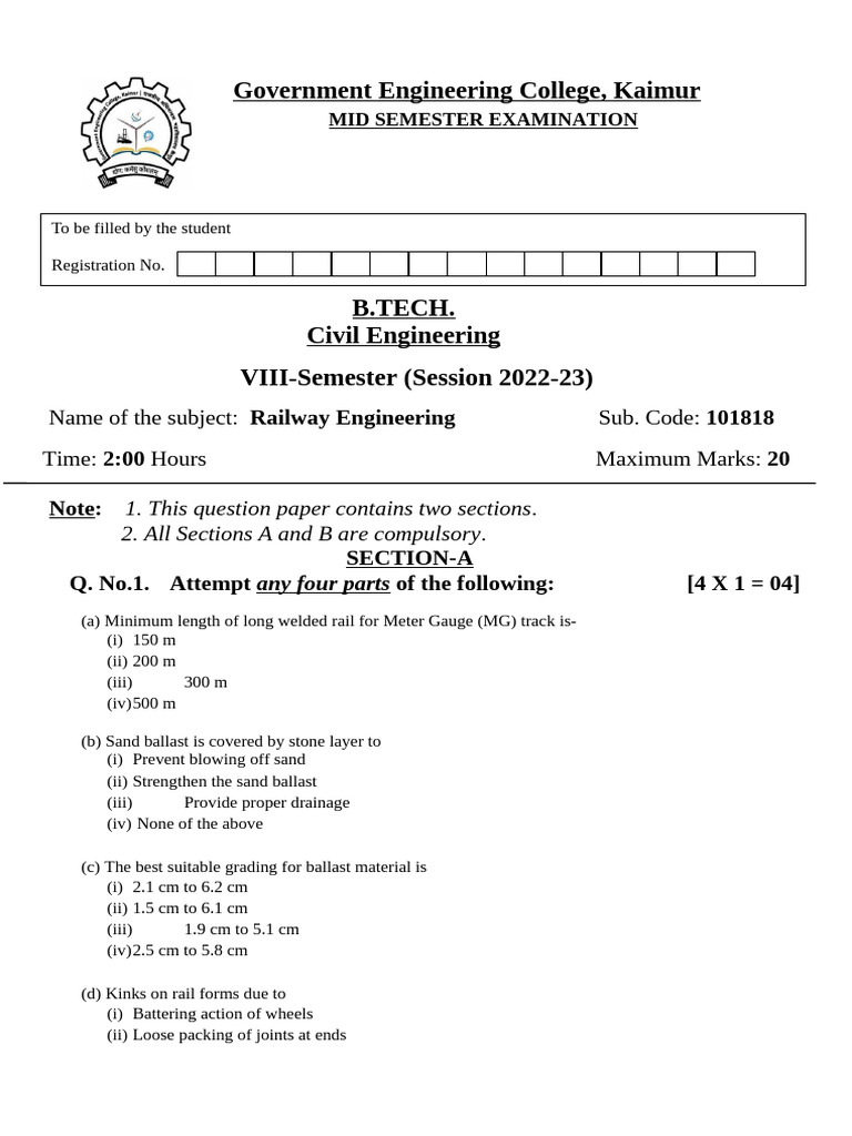 Railway Engineering Exam Paper 2022-23 | PDF | Rail Infrastructure ...