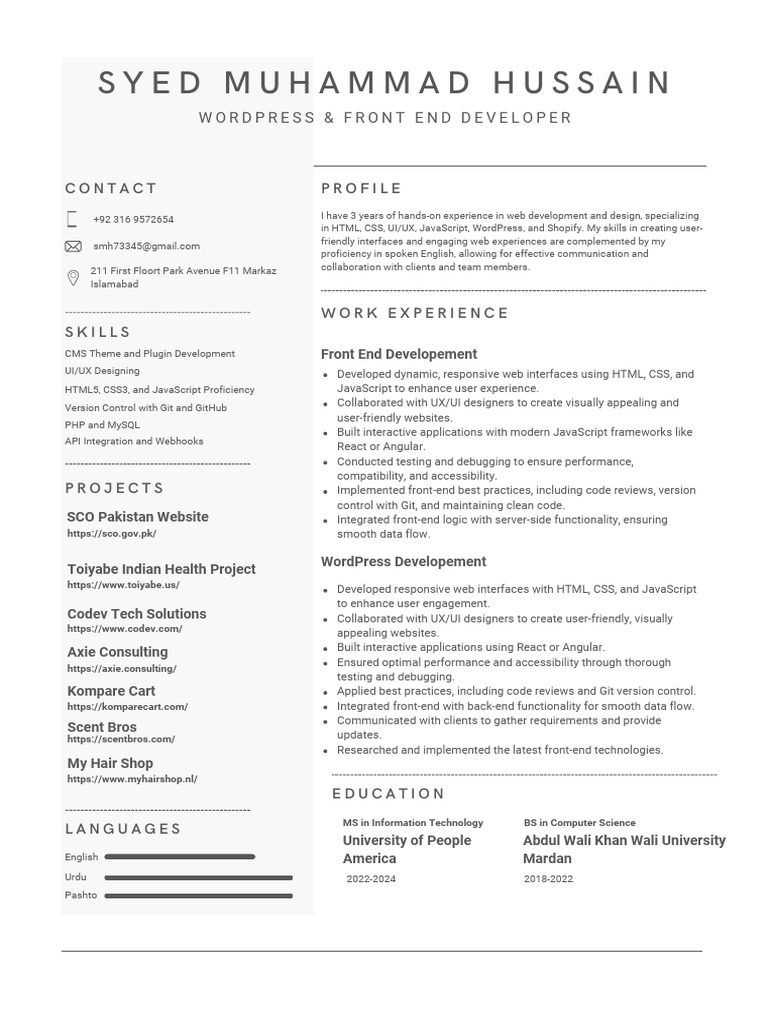 Web Developer & UI/UX Specialist Resume | PDF | Word Press | World Wide Web