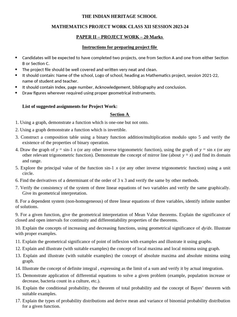 Class XII Mathematics Project Guidelines | PDF | Function (Mathematics ...