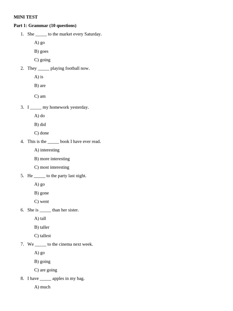 Mini English Test: Grammar & Vocabulary | PDF