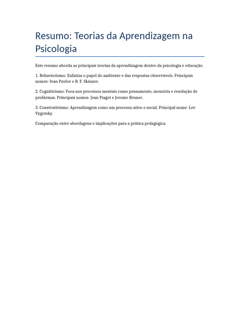 Teorias da Aprendizagem na Psicologia | PDF