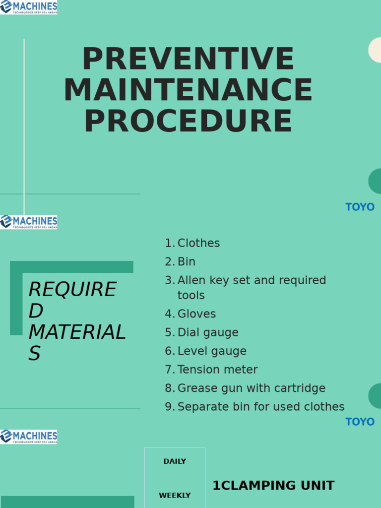 Preventive Maintenance Checklist Guide | PDF | Screw | Bearing (Mechanical)