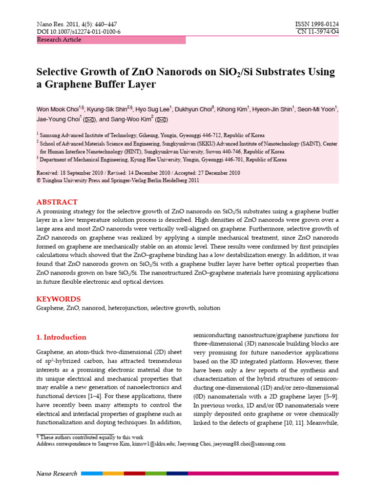 Selective ZnO Nanorod Growth on Graphene | PDF | Graphene | Zinc Oxide
