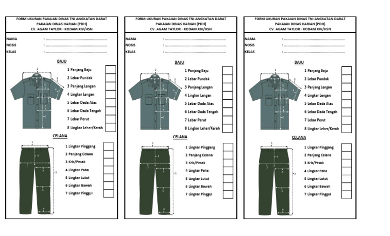 Form Ukuran PDH Tni Ad Agam | PDF