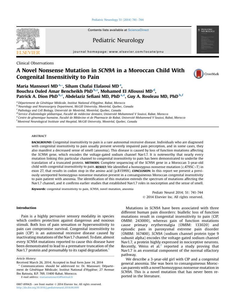Novel SCN9A Mutation in Pain Insensitivity | PDF | Genetics | Molecular ...