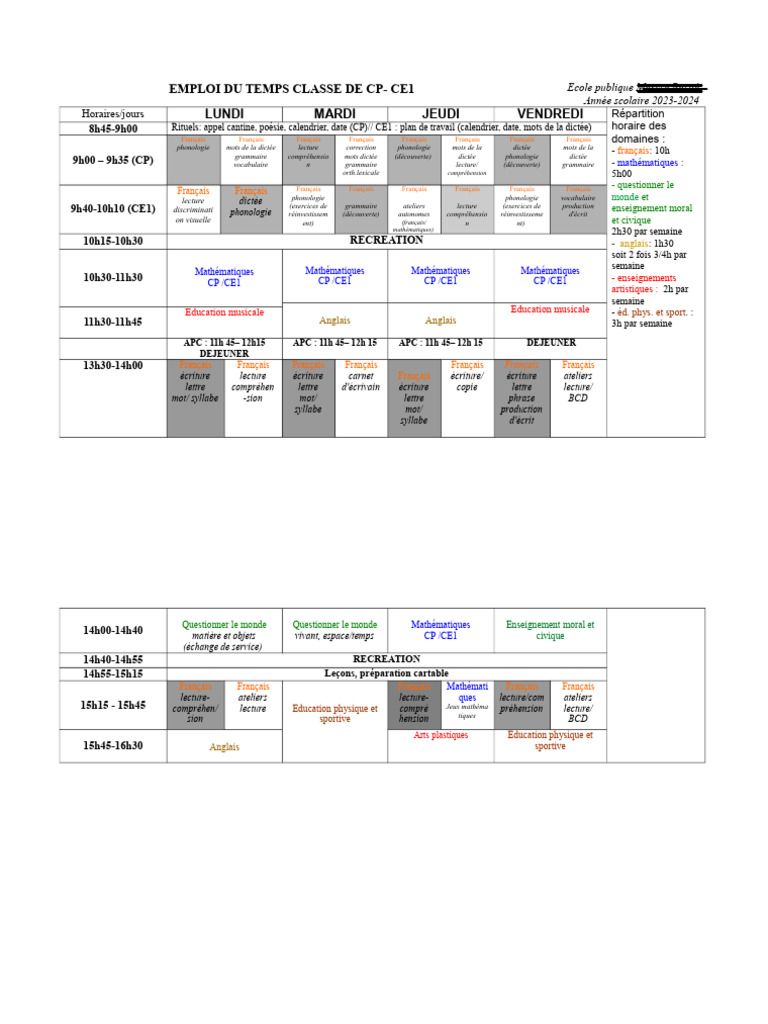 Emploi du Temps CP-CE1 2023-2024 | PDF | la communication ...