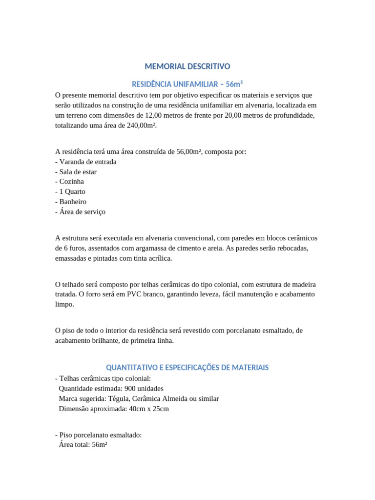 Memorial Descritivo Residência 56m² | PDF | Argamassa (alvenaria ...