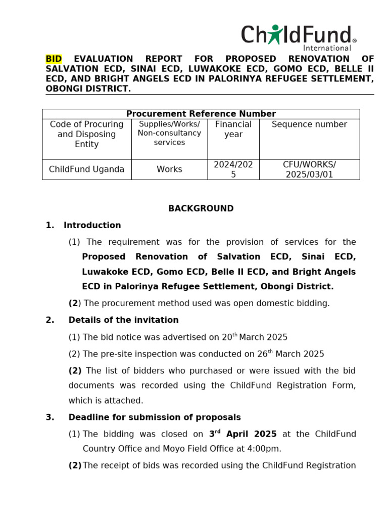 Bid Evaluation Report for ECD Renovations | PDF