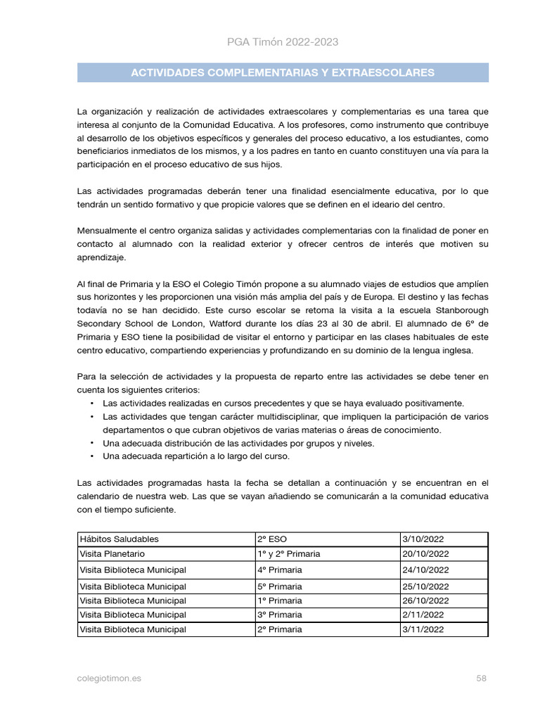 Actividades Complementarias y Extraescolares | PDF | Escuelas ...