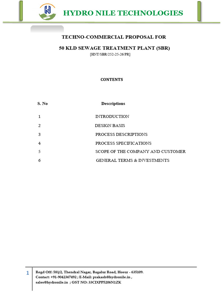 50 KLD Sewage Treatment Plant Proposal | PDF | Sewage Treatment | Water ...