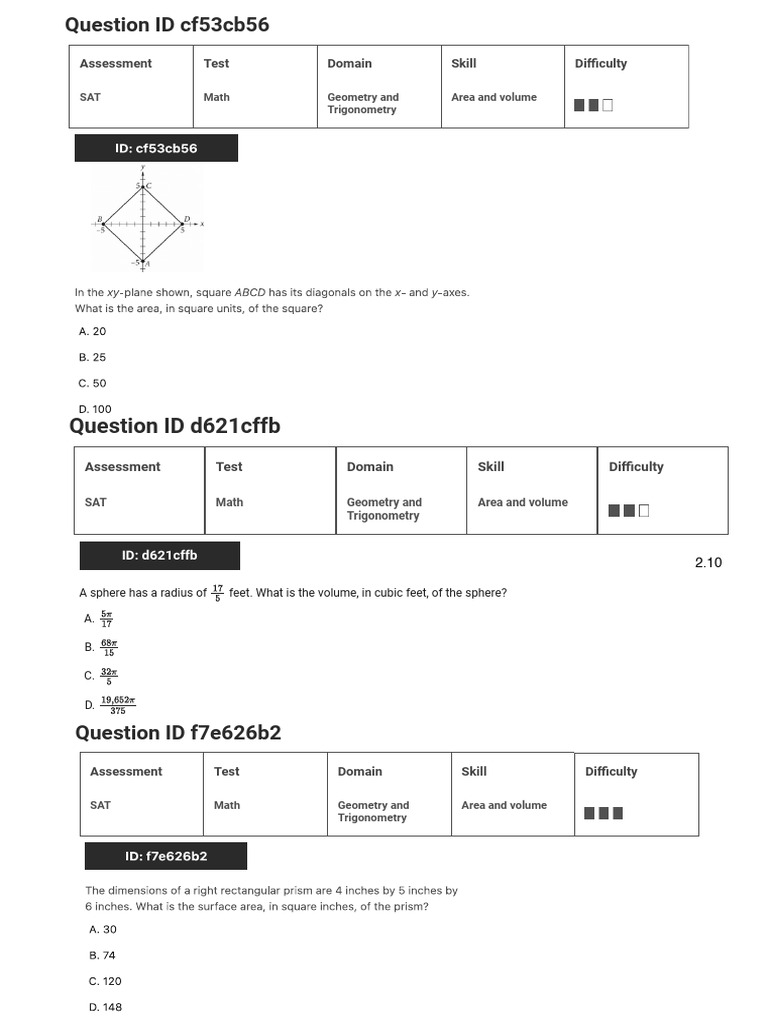SAT Geometry and Trigonometry Questions | PDF | Trigonometry | Sphere