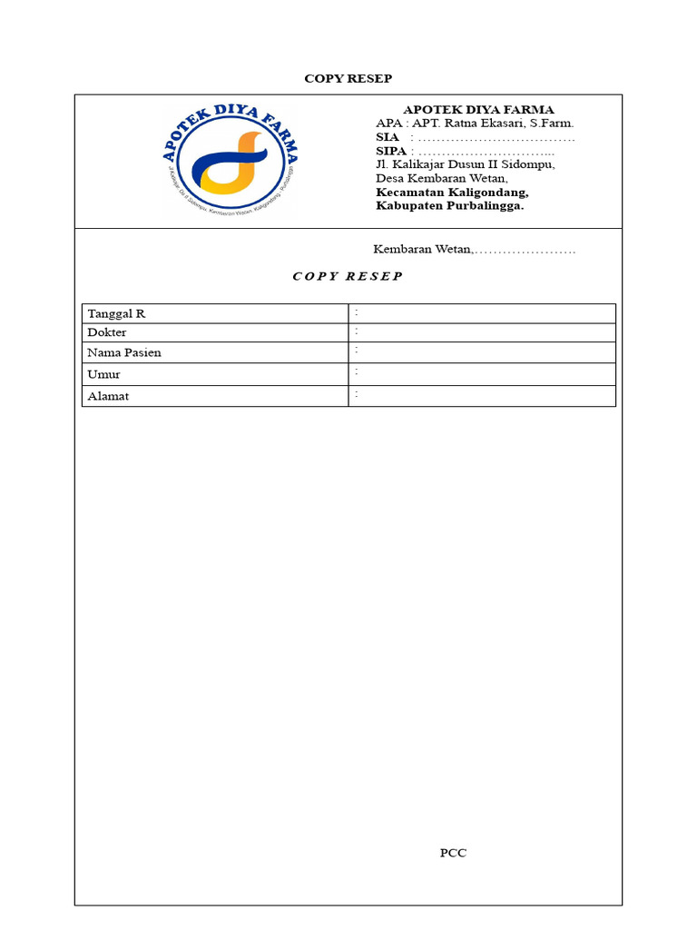 Blanko Copy Resep Apotek Diya Farma | PDF
