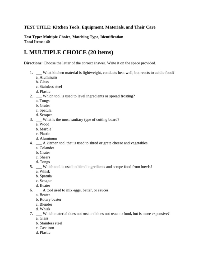 Kitchen Tools and Care Quiz Guide | PDF | Cookware And Bakeware | Foods