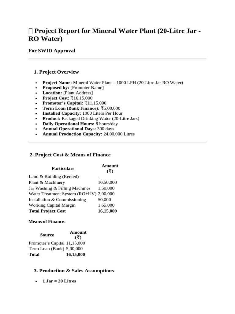 Mineral Water Plant Project Report | PDF | Water Purification | Equity ...