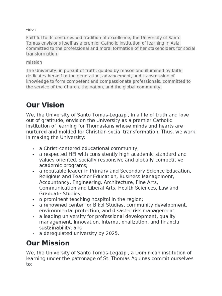 UST Legazpi Vision and Mission Overview | PDF | University