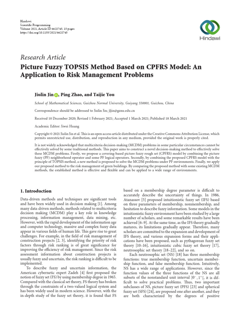 Picture Fuzzy TOPSIS Method Based On CPFRS Model | PDF | Fuzzy Logic | Risk