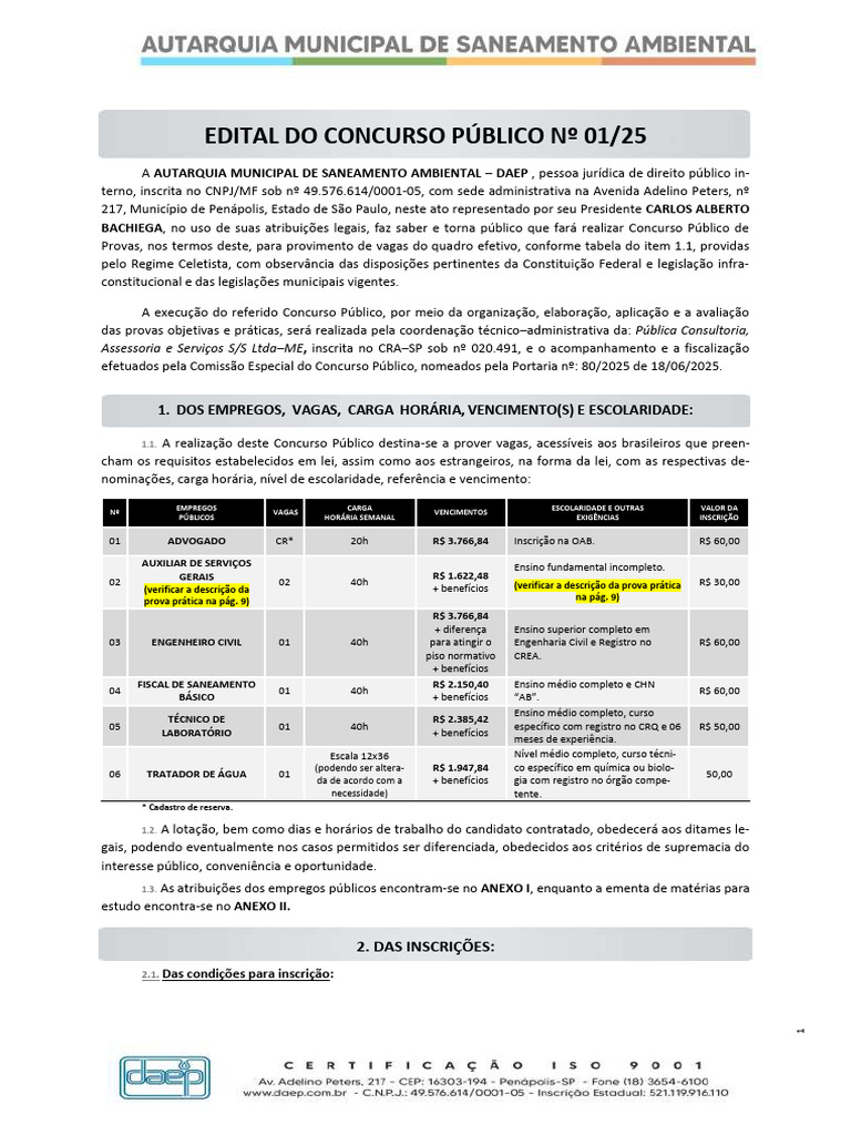 Concurso Público DAEP 2025: Vagas e Inscrições | PDF
