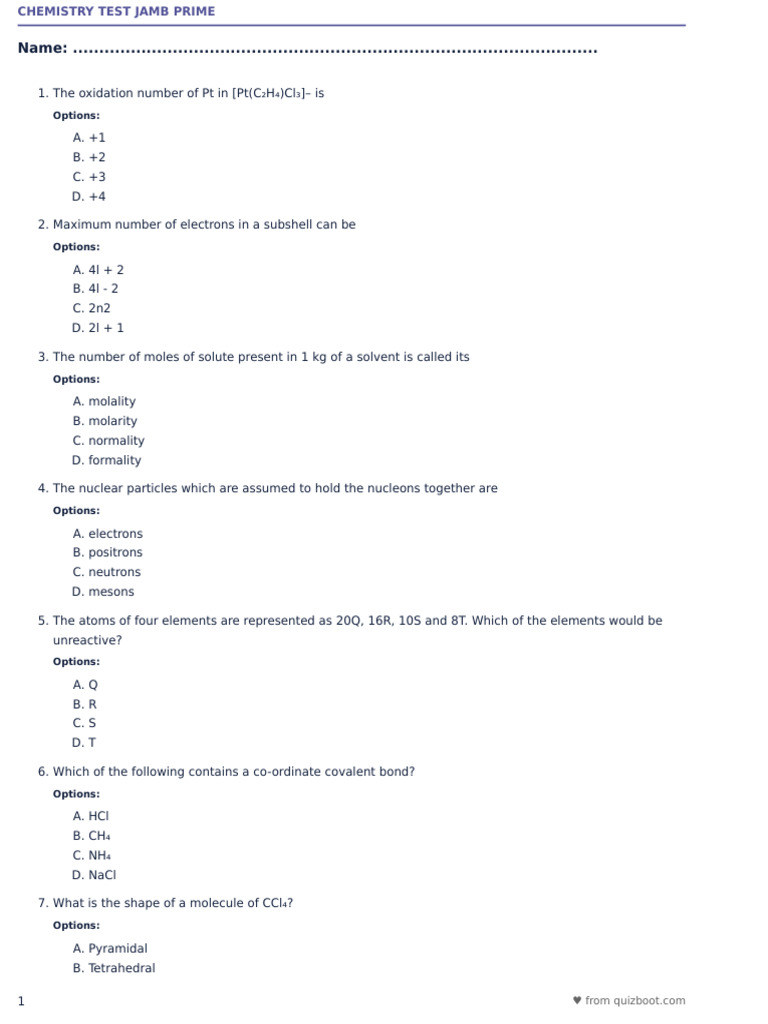Chemistry Test Questions and Answers | PDF | Oxide | Chemical Bond