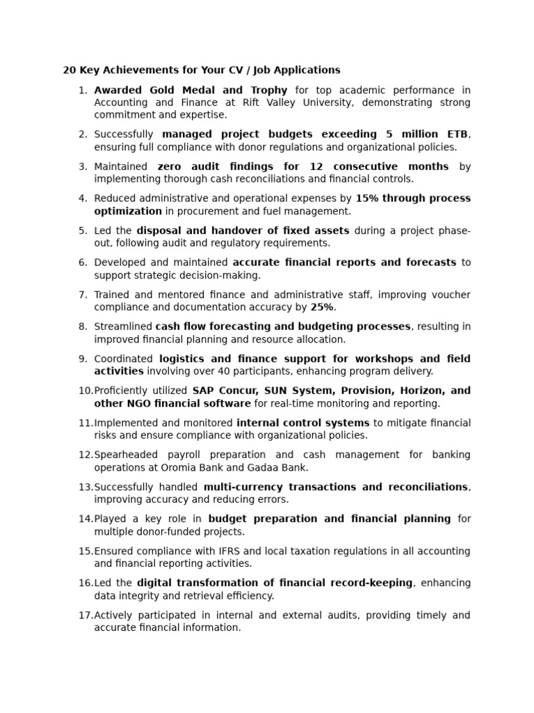 Key Financial Achievements for CVs | PDF | Regulatory Compliance | Audit