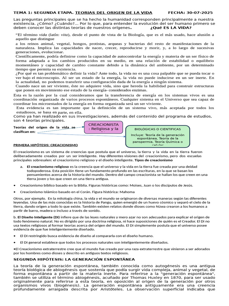 Teorias del Origen de la vida para el alumno | PDF | Vida | Creacionismo