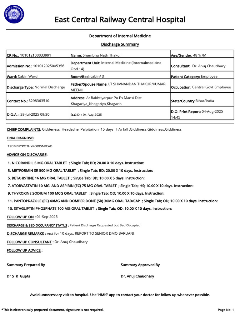 Discharge Summary for Shambhu Nath Thakur | PDF | Clinical Medicine ...