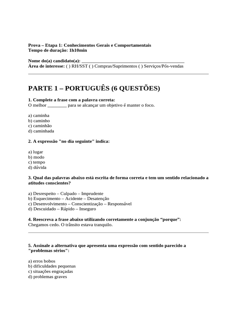 Prova de Conhecimentos Gerais e Comportamentais | PDF