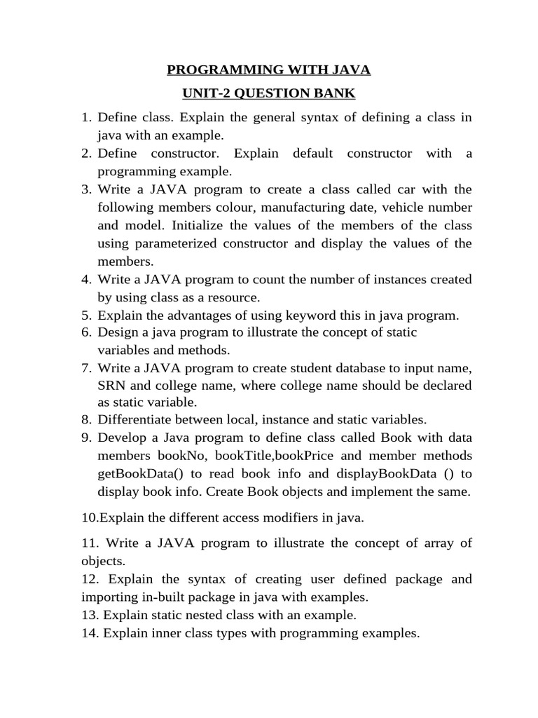 Java Programming Unit 2 Question Bank | PDF