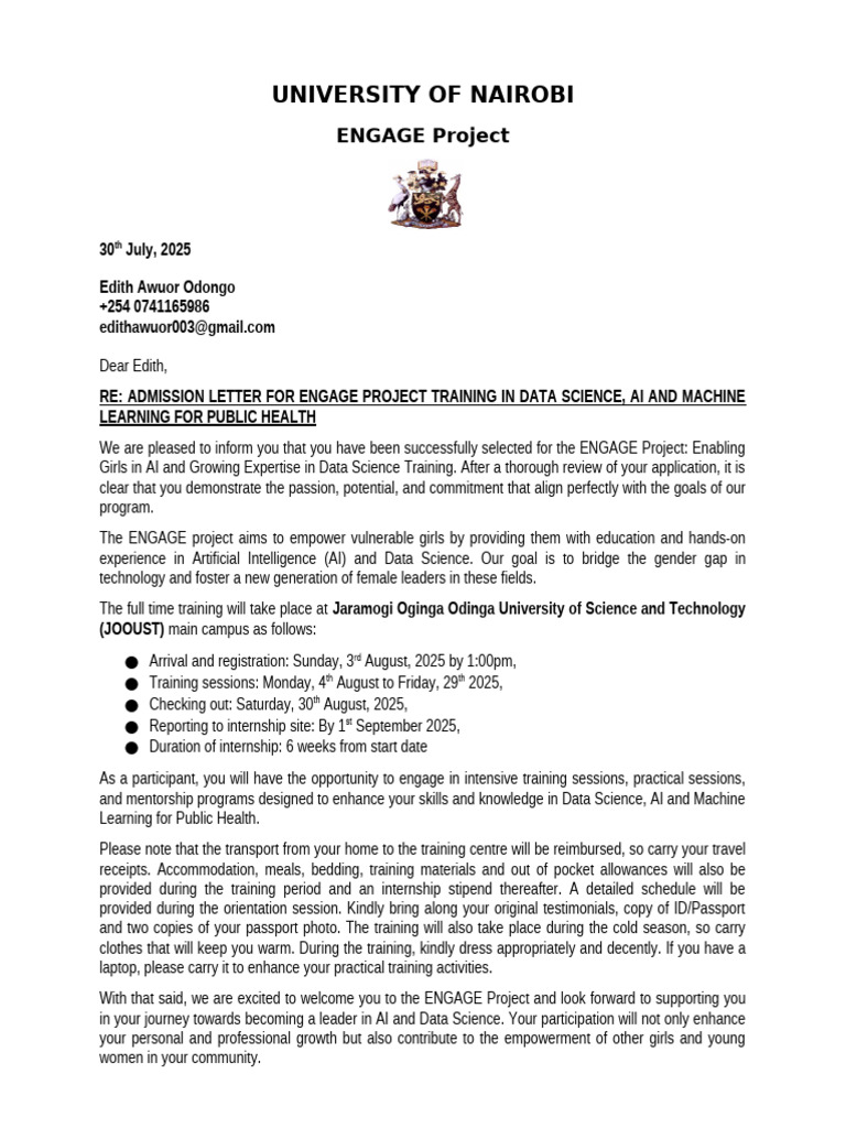 Admission Letter For ENGAGE Training - August 2025 | PDF | Artificial ...