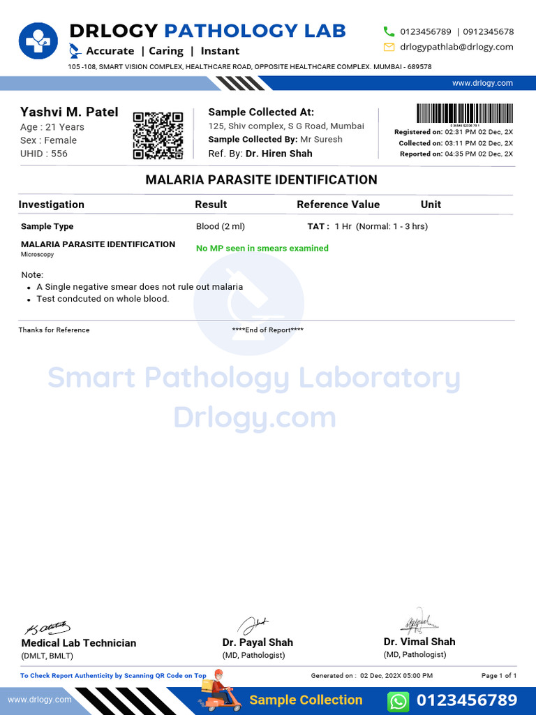 Malaria Parasite Identification Test Report Format Example Sample ...
