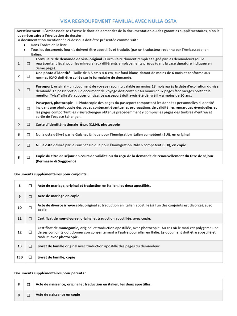 Visa Regroupement Familial avec Nulla Osta | PDF | Visa (Document ...