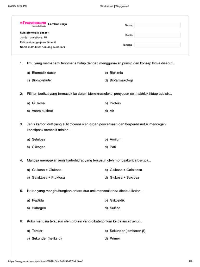 Contoh Quiz Dasar MK Ilmu Biomedik | PDF