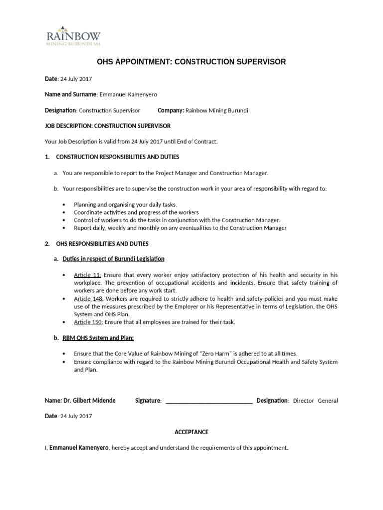 Construction Supervisor OHS Appointment | PDF