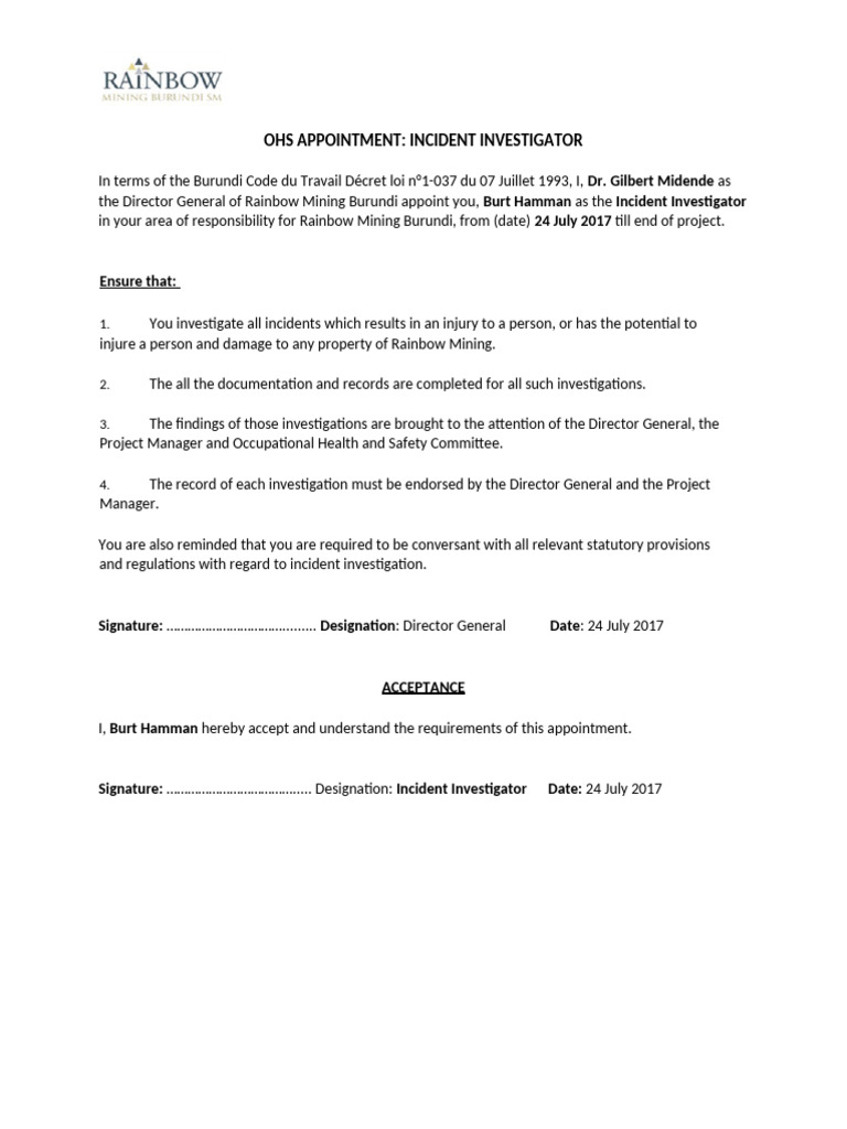3a Appointment Incident Investigator Burt Hamman | PDF