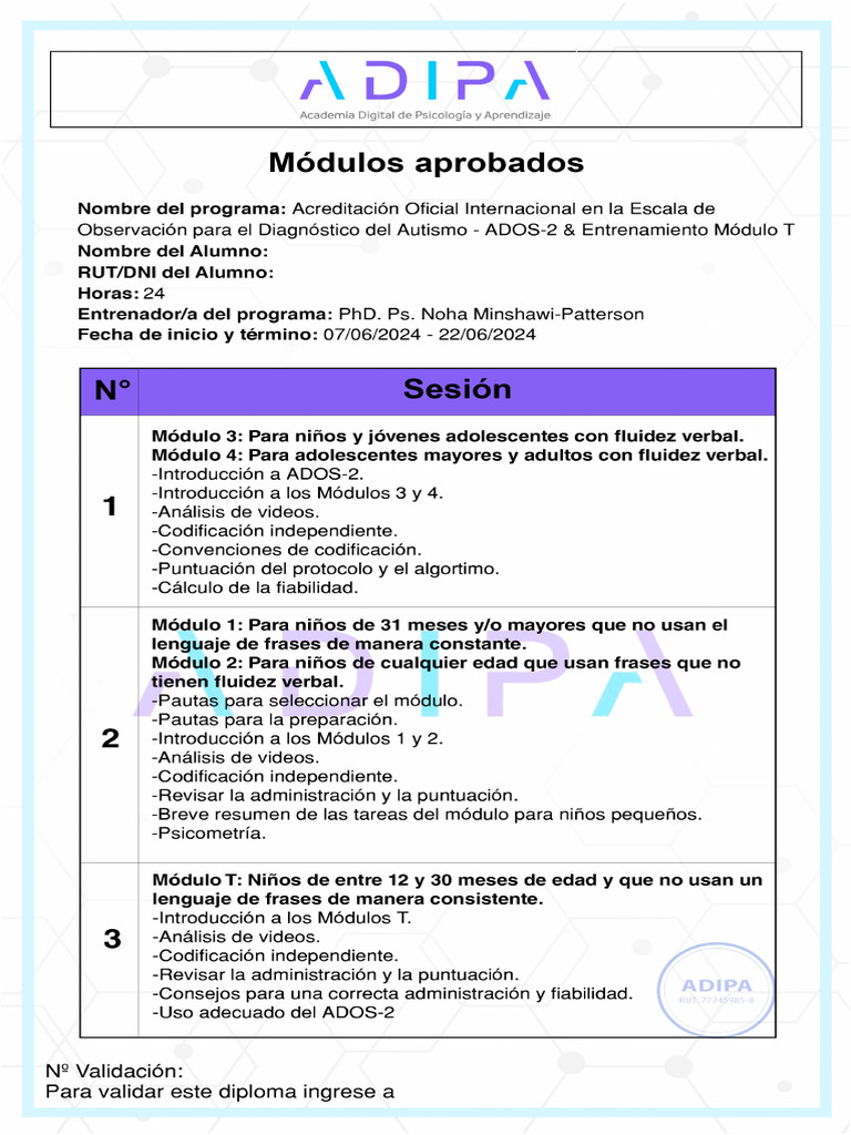 Certificado de Módulos Aprobados ADOS - 2 & Entrenamiento Módulo T | PDF