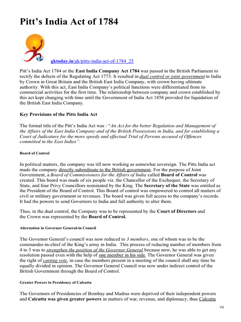Pitt's India Act of 1784 Overview | PDF | Legal Documents | Governance