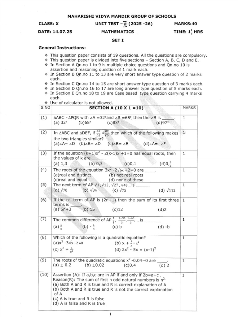 X Mathematics QP14.7.2025 | PDF