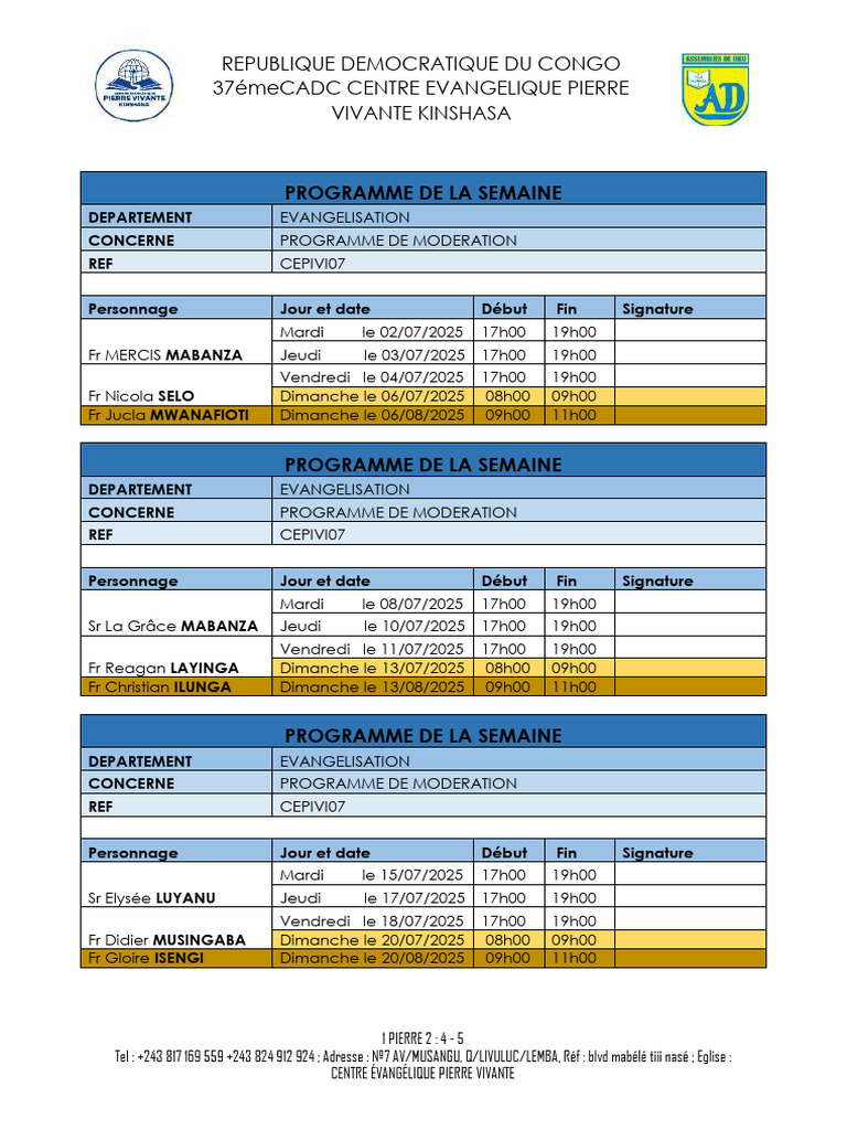 Programme Hebdomadaire d'Évangélisation | PDF | Organisations ...